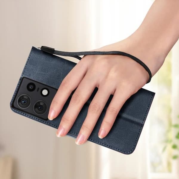Fodral till Motorola Edge 50 Pro Handledsrem Flip Wallet Stand Midnight Blue