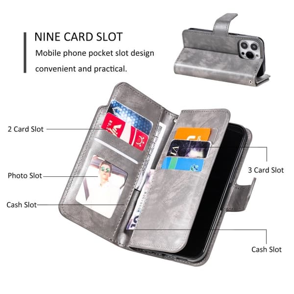 iPhone 15 Pro Praktisk Plånboksfodral med 12-Fack Array V4 - Grå