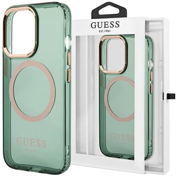 Guess GUHMP13LHTCMA iPhone 13 Pro / 13 6.1 grønn/khaki hardt deksel Gold Outline gjennomskinnelig MagSafe