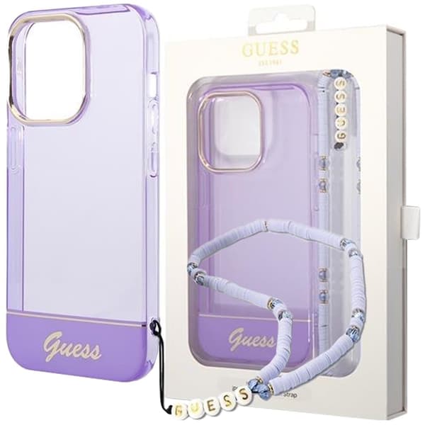 Guess GUHCP14LHGCOHU iPhone 14 Pro 6.1 Lilla/lilla hardt deksel Gjennomskinnelig perlestropp