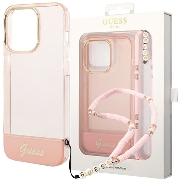 Gjett GUHCP14LHGCOHP iPhone 14 Pro 6.1 Rosa/rosa hardt deksel Gjennomsiktig perlestropp