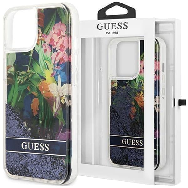 Guess GUHCP14MLFLSB iPhone 14 Plus 6.7 blå/blå hardt deksel Flower Liquid Glitter