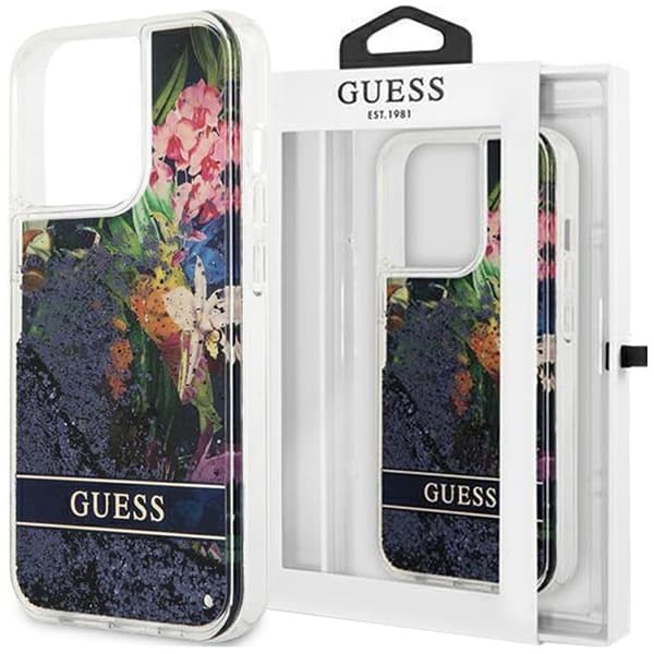 Guess GUHCP14LLFLSB iPhone 14 Pro 6.1 blå/blå hardt deksel Flower Liquid Glitter