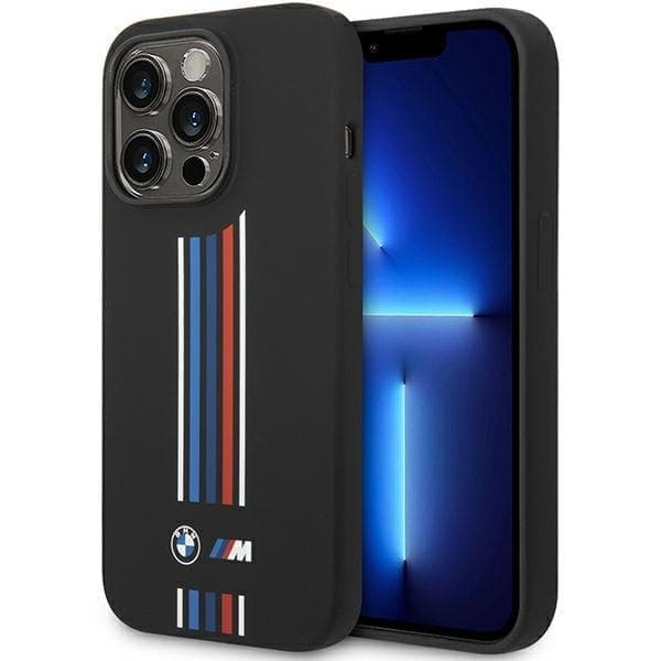 BMW BMHCP14L22SWTK-deksel iPhone 14 Pro 6.1 svart/svart silikon vertikale trefargede linjer