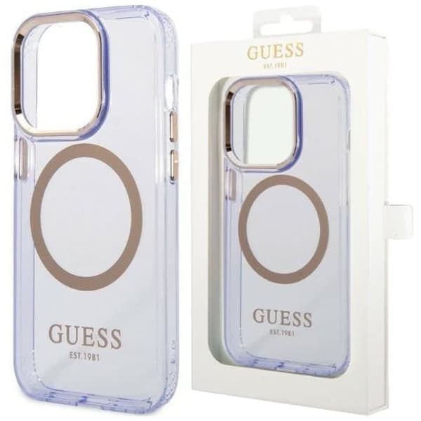 Guess GUHMP14SHTCMU iPhone 14 6.1 lilla/lilla hardt deksel Gold Outline gjennomsiktig MagSafe