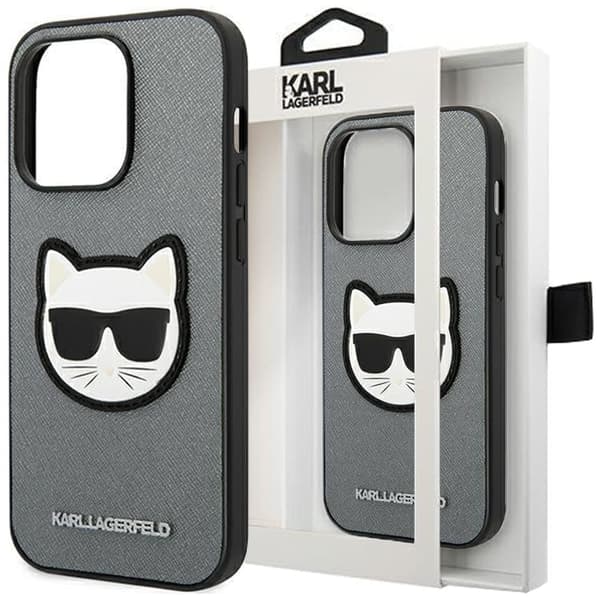 Karl Lagerfeld KLHCP14MSAPCHG iPhone 14 Plus 6.7 hardt deksel sølv/sølv Saffiano Choupette Head Patch