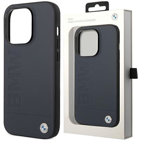 BMW BMHMP14LSLL deksel til iPhone 14 Pro - marineblått skinn Hot Stamp MagSafe