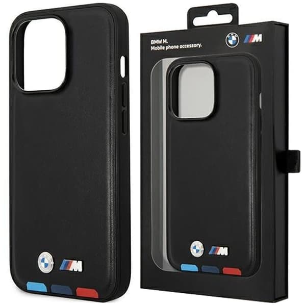 BMW BMHMP14X22PTDK veske til iPhone 14 Pro Max - svart skinnstempel Tricolor Magsafe