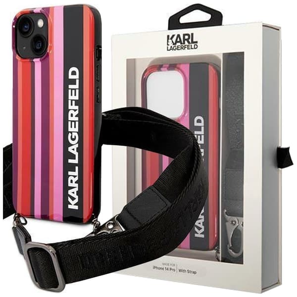 Karl Lagerfeld KLHCP14SSSTTP Deksel for iPhone 14 Hard Deksel - Rosa Farge Stripes Strap