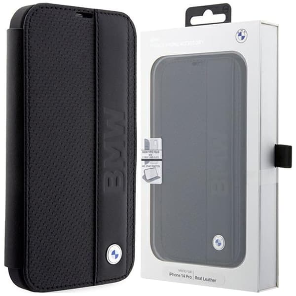 BMW BMBKP14X22RDPK veske til iPhone 14 Pro Max - svart bokhylle Lær Textured&Stripe