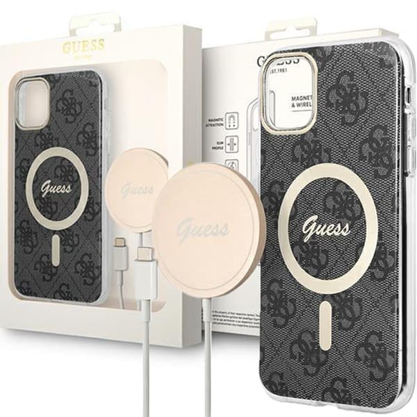 Guess GUBPP12MH4EACSK Deksel+ Ladersett iPhone 12/12 Pro svart/svart hardt deksel 4G Print MagSafe