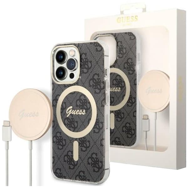 Guess sett MagSafe lader + etui for iPhone 14 Pro Max 6.7 svart 4G Print (GUBPP14XH4EACSK)