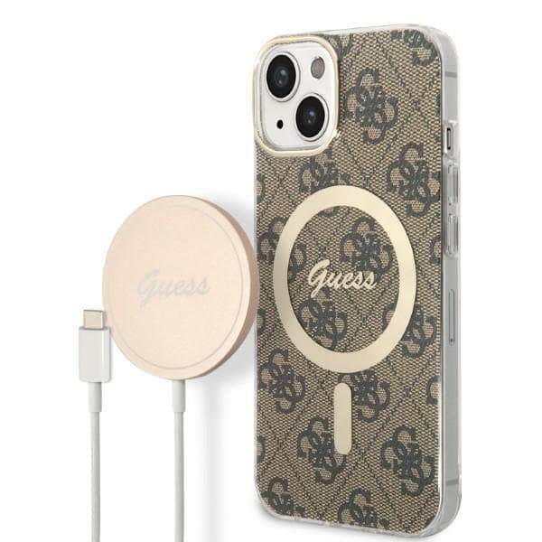 Guess sett MagSafe lader + etui for iPhone 14 6.1 brun 4G Print (GUBPP14SH4EACSW)