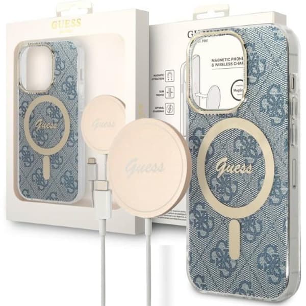 Sett Guess GUBPP14LH4EACSB Deksel+ Lader iPhone 14 Pro 6.1 Blå/Blå Hard Deksel 4G Print MagSafe