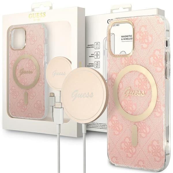 Guess GUBPP13LH4EACSP Sett Veske+ Lader iPhone 13 Pro rosa/rosa hardt deksel 4G Print MagSafe