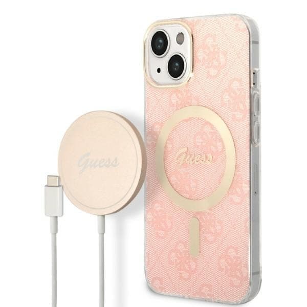 Guess sett MagSafe lader + etui for iPhone 14 6.1 rosa 4G Print (GUBPP14SHMEACSK)
