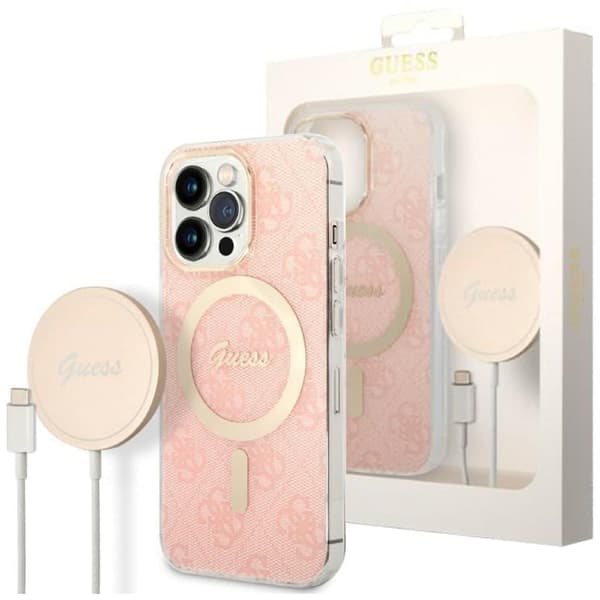 Guess Set MagSafe lader + etui for iPhone 14 Pro 6.1 Rosa 4G-utskrift (GUBPP14LH4EACSP)