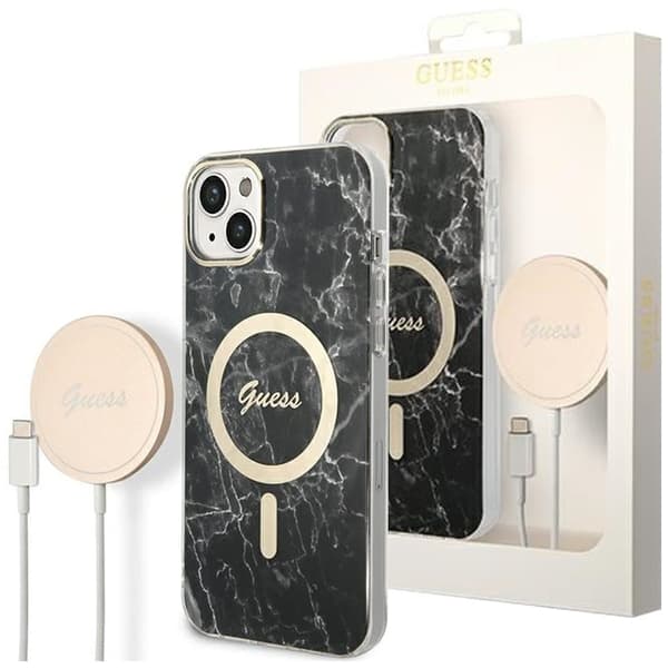 Guess sett MagSafe lader + etui iPhone 14 Plus 6.7 svart marmor (GUBPP14MHMEACSK)