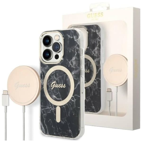 Guess sett MagSafe lader + etui iPhone 14 Pro 6.1 svart marmor (GUBPP14LHMEACSK)