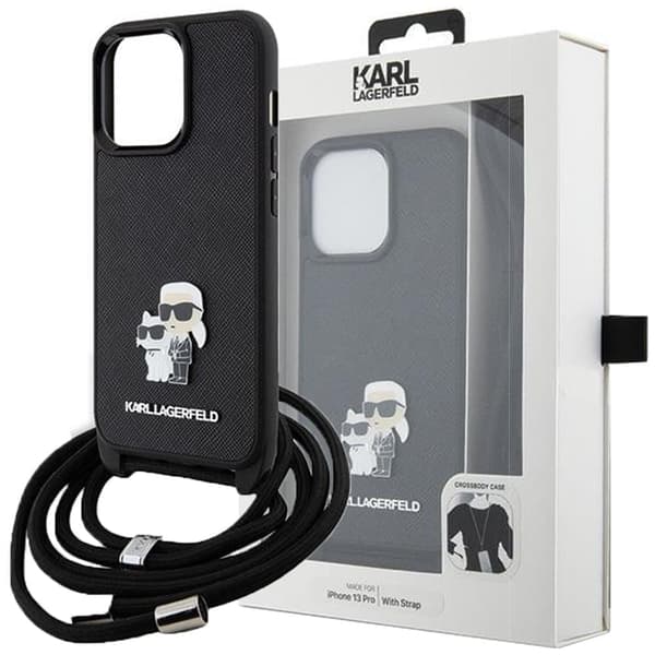 Karl Lagerfeld KLHCP13LSAKCPSK Deksel for iPhone 13 Pro / 13 Hard Deksel - Svart Crossbody Saffiano Metal Pin Karl&Choupette