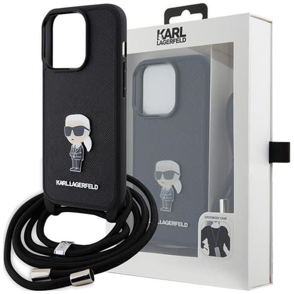Karl Lagerfeld Crossbody Saffiano Monogram Metal Pin Karl & Choupette Deksel til iPhone 15 - Svart