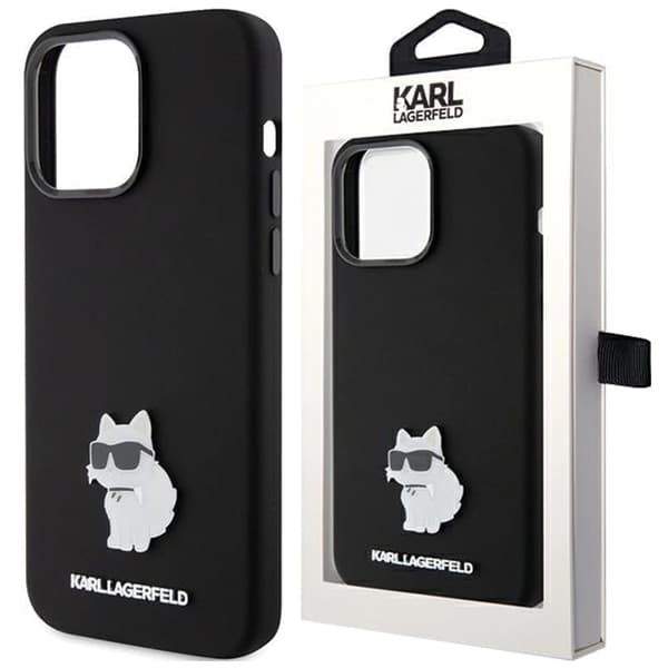 Karl Lagerfeld Silikon Choupette Metal Pin Deksel til iPhone 15 Pro - Svart