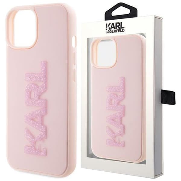 Karl Lagerfeld 3D Rubber Glitter Logo beskyttelsesdeksel til iPhone 15 - rosa