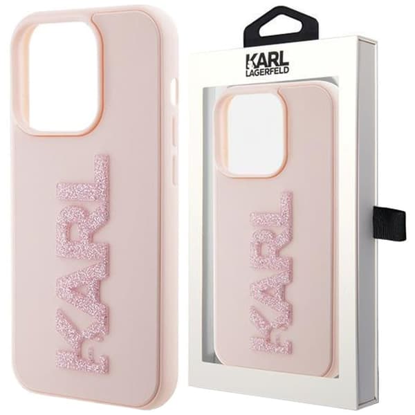 Karl Lagerfeld 3D Rubber Glitter Logo beskyttelsesdeksel til iPhone 15 Pro - rosa