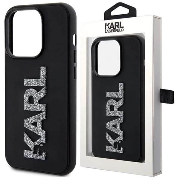 Karl Lagerfeld 3D Rubber Glitter Logo beskyttelsesdeksel til iPhone 15 Pro - svart