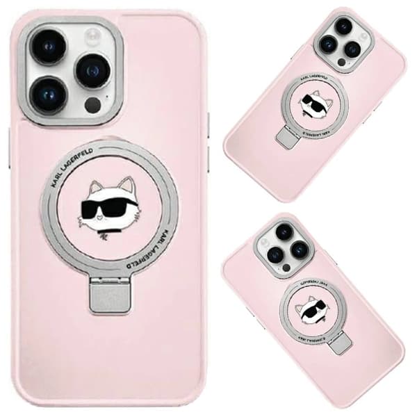 Karl Lagerfeld Ring Stand Choupette Head MagSafe deksel til iPhone 15 Pro Max - rosa