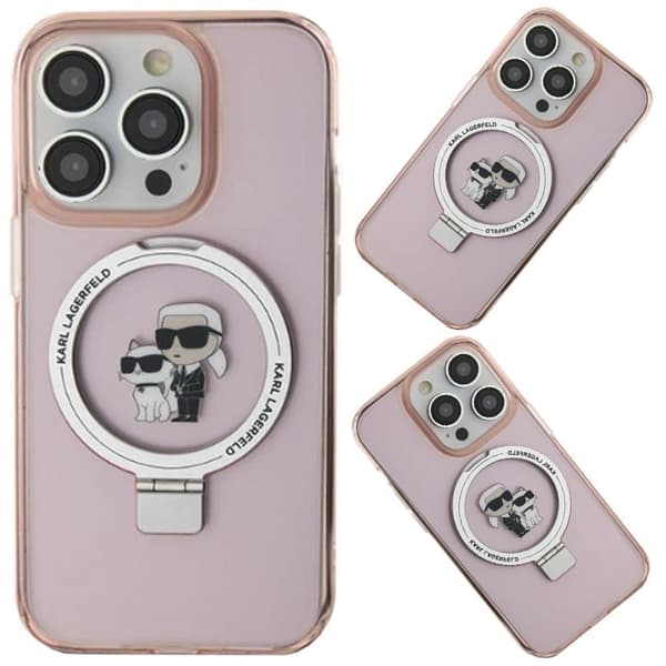 Karl Lagerfeld Ring Stativ Karl&Choupette MagSafe beskyttelsesdeksel til iPhone 15 Pro Max - rosa