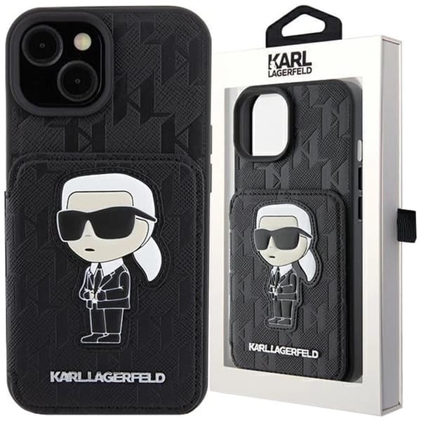 Karl Lagerfeld Saffiano kortspor og stativ Monogram Ikonik Patch Deksel for iPhone 15 - Svart