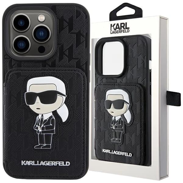 Karl Lagerfeld Saffiano kortspor og stativ Monogram Ikonik Patch-deksel til iPhone 15 Pro - Svart