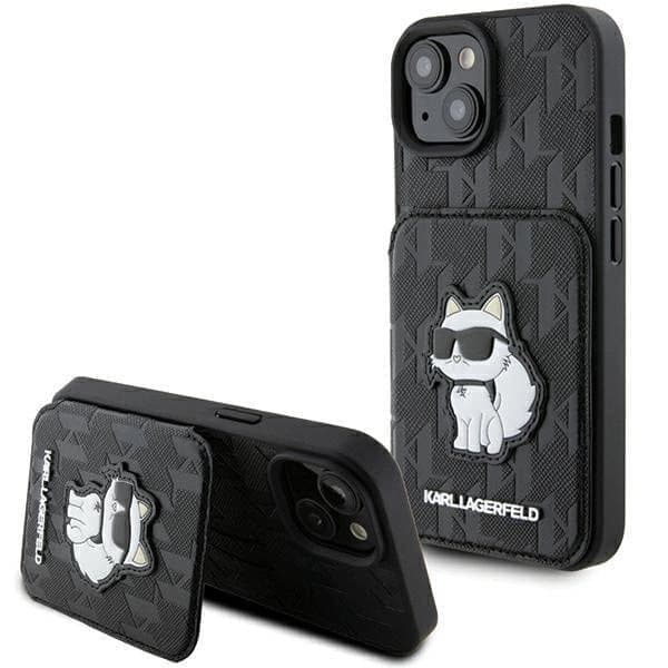 Karl Lagerfeld Saffiano kortspor og stativ Monogram Choupette-deksel til iPhone 15 - Svart