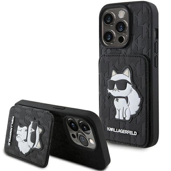 Karl Lagerfeld Saffiano kortspor og stativ Monogram Choupette-deksel til iPhone 15 Pro - Svart