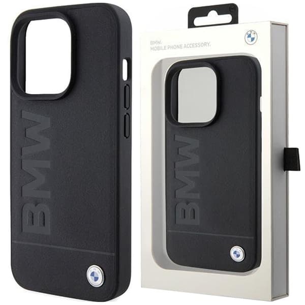 BMW Leather Hot Stamp-deksel til iPhone 15 Pro Max - svart