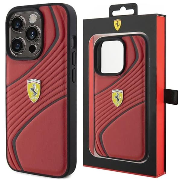 Ferrari Twist Metal Logo beskyttelsesdeksel til iPhone 15 Pro - rød