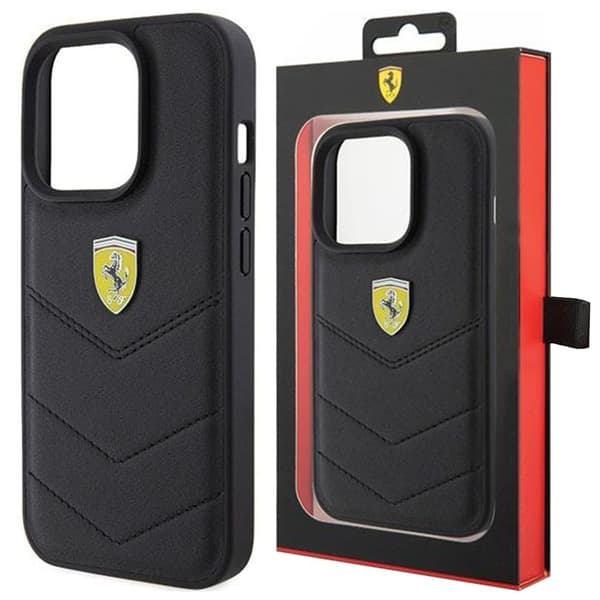 Ferrari Quilted Metal Logo Deksel til iPhone 15 Pro - Svart