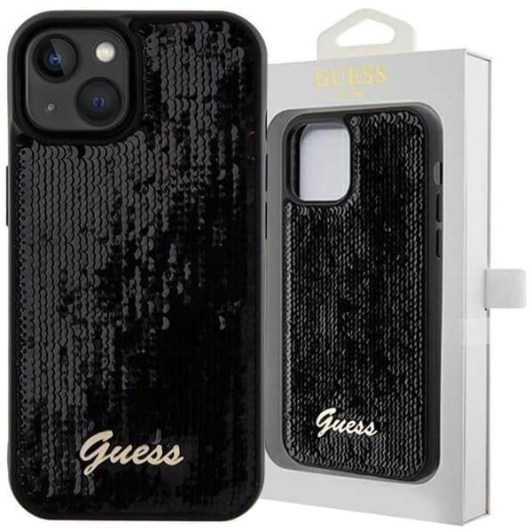 Guess Sequin Script metalldeksel til iPhone 14 / 15 / 13 - Svart