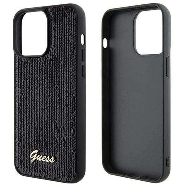 Guess Sequin Script metalldeksel til iPhone 15 - svart