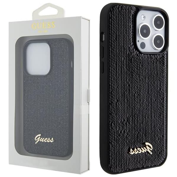 Guess Sequin Script metalldeksel til iPhone 15 Pro - svart