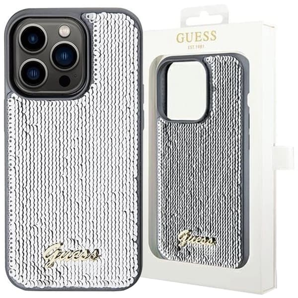 Guess Sequin Script metalldeksel til iPhone 14 Pro - sølv