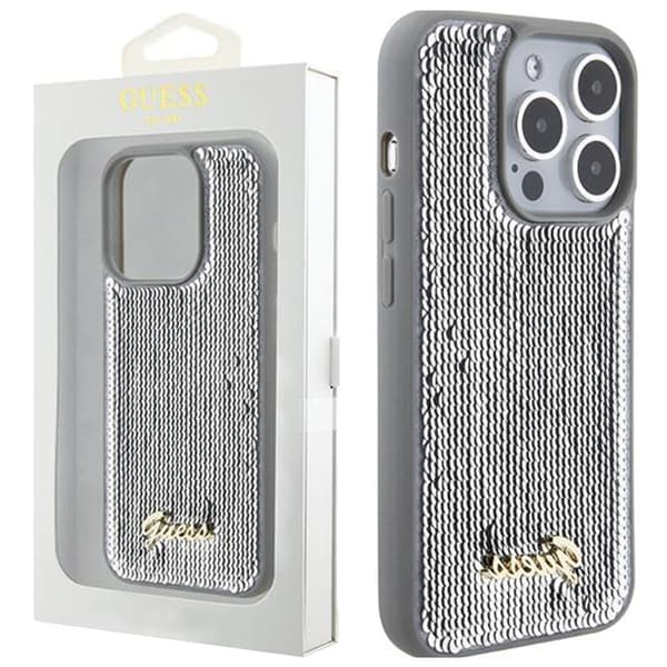 Guess Sequin Script metalldeksel til iPhone 15 Pro - sølv