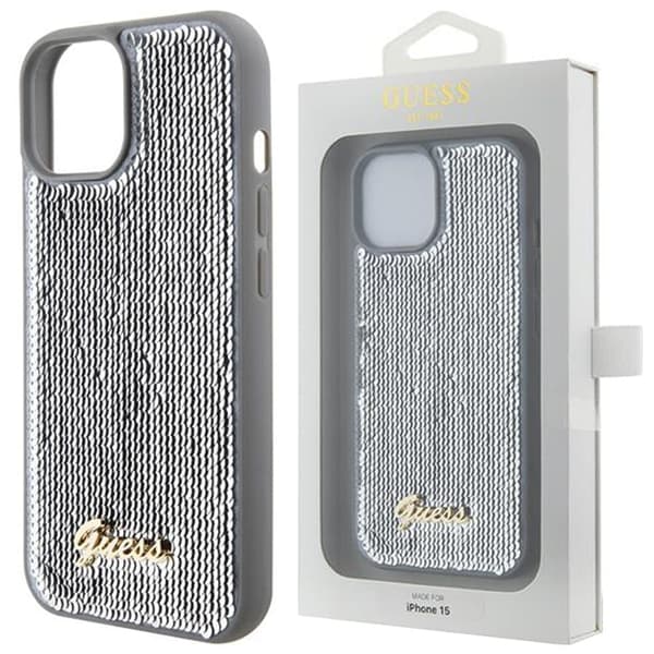 Guess Sequin Script metalldeksel til iPhone 15 Pro Max - Sølv