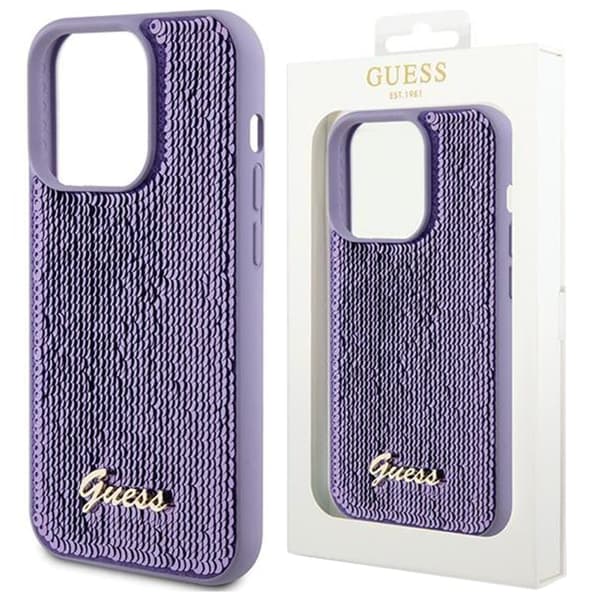 Guess Sequin Script metalldeksel til iPhone 15 - lilla