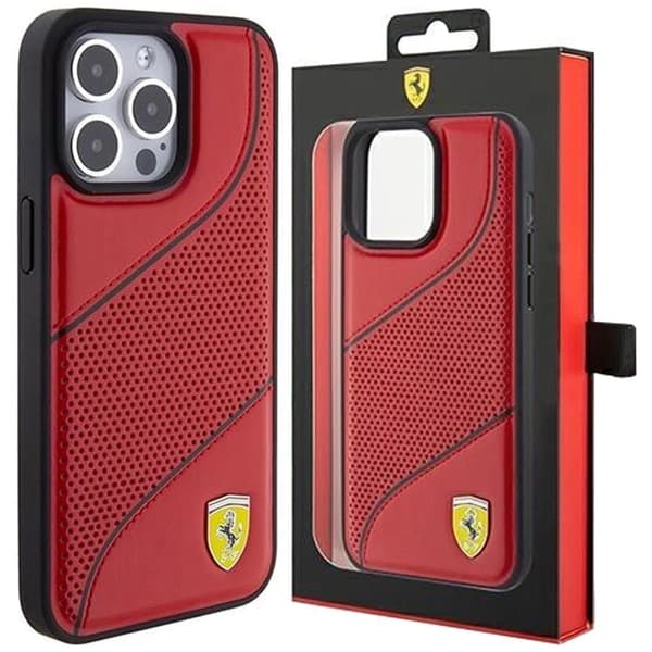 Ferrari Perforated Waves Metal Logo beskyttelsesdeksel til iPhone 15 Pro - rød
