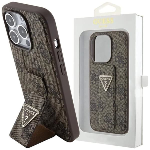 Guess Grip Stand 4G Triangle Strass-deksel til iPhone 15 Pro - Brun