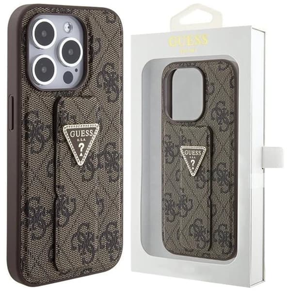 Guess Grip Stand 4G Triangle Strass-deksel til iPhone 15 Pro Max - Brun