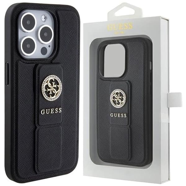 Guess Grip Stand 4G Triangle Strass-deksel til iPhone 15 Pro - Svart