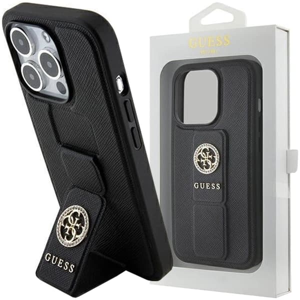 Guess Grip Stand 4G Saffiano Strass-deksel til iPhone 15 Pro Max - svart